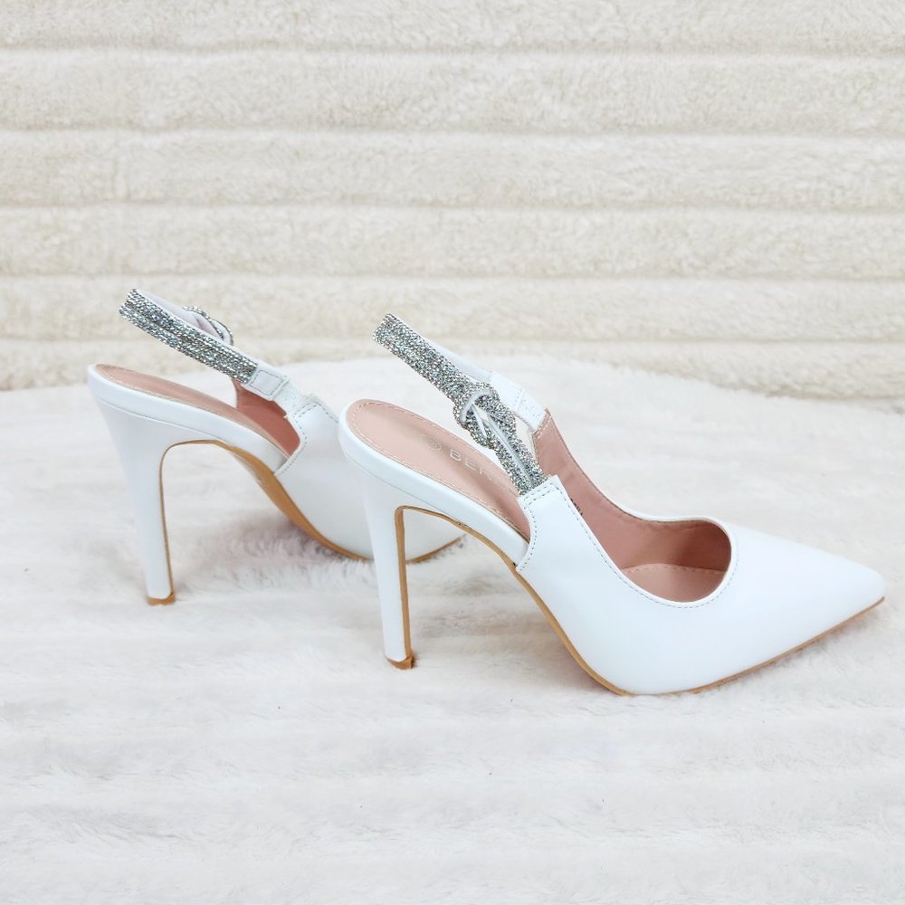 White Pointed-Toe Slingback Heels with Silver Strap